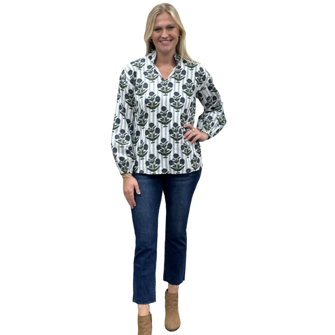 The Phoebe Striped Hand Block Top in Slate Blue — view 3