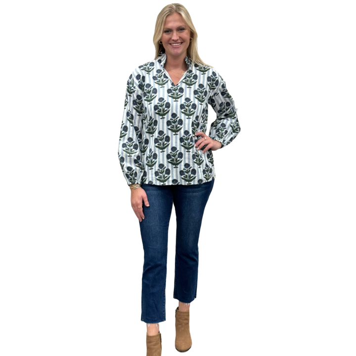 The Phoebe Striped Hand Block Top in Slate Blue — view 3