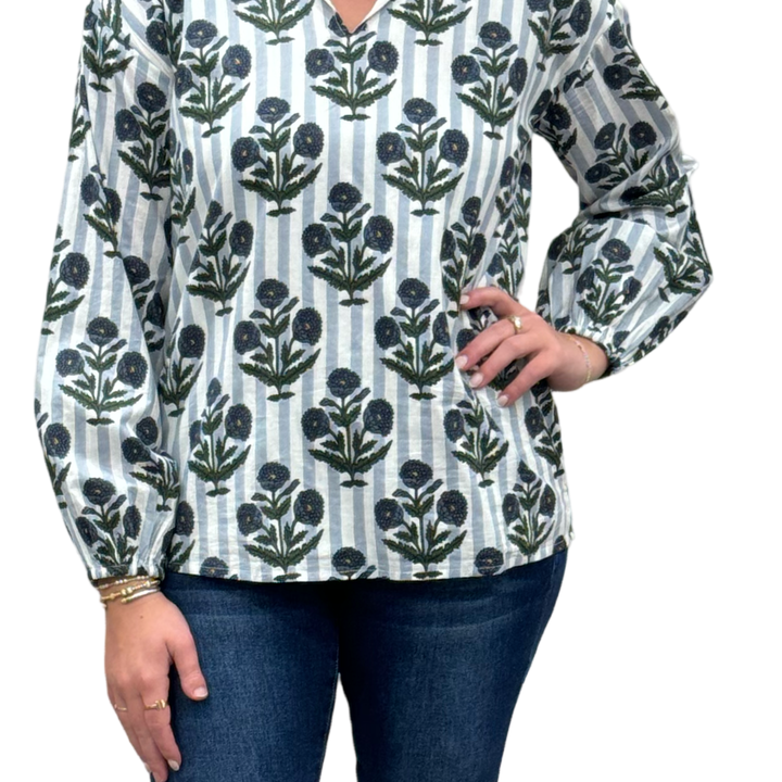 The Phoebe Striped Hand Block Top in Slate Blue — view 4