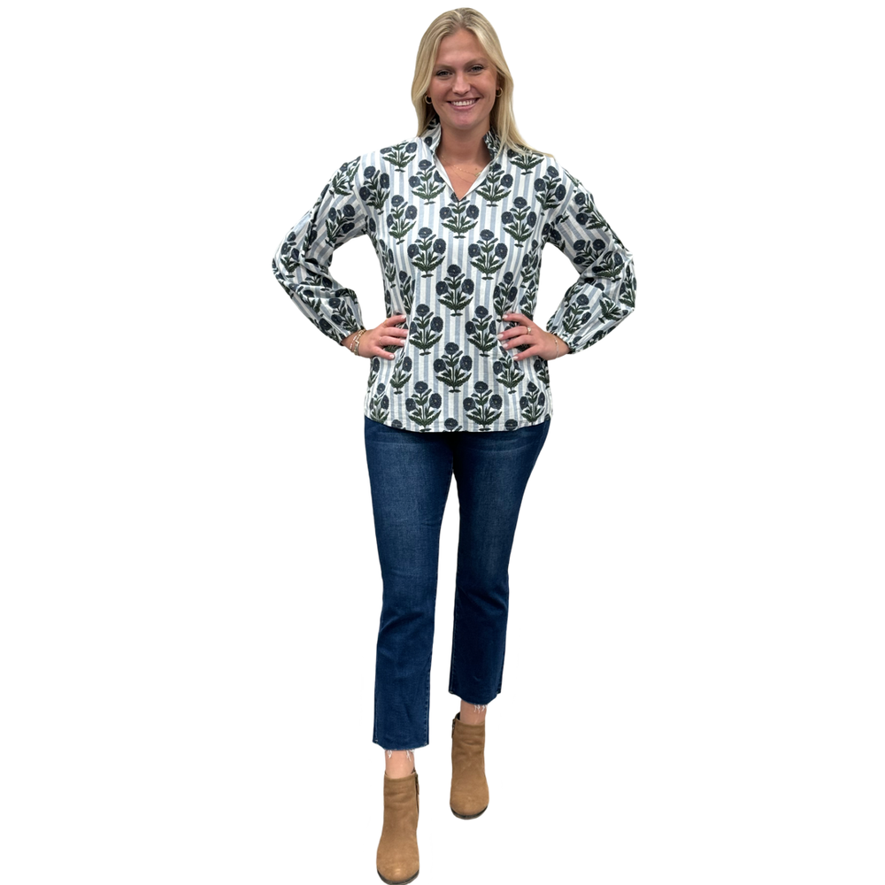 The Phoebe Striped Hand Block Top in Slate Blue — view 2