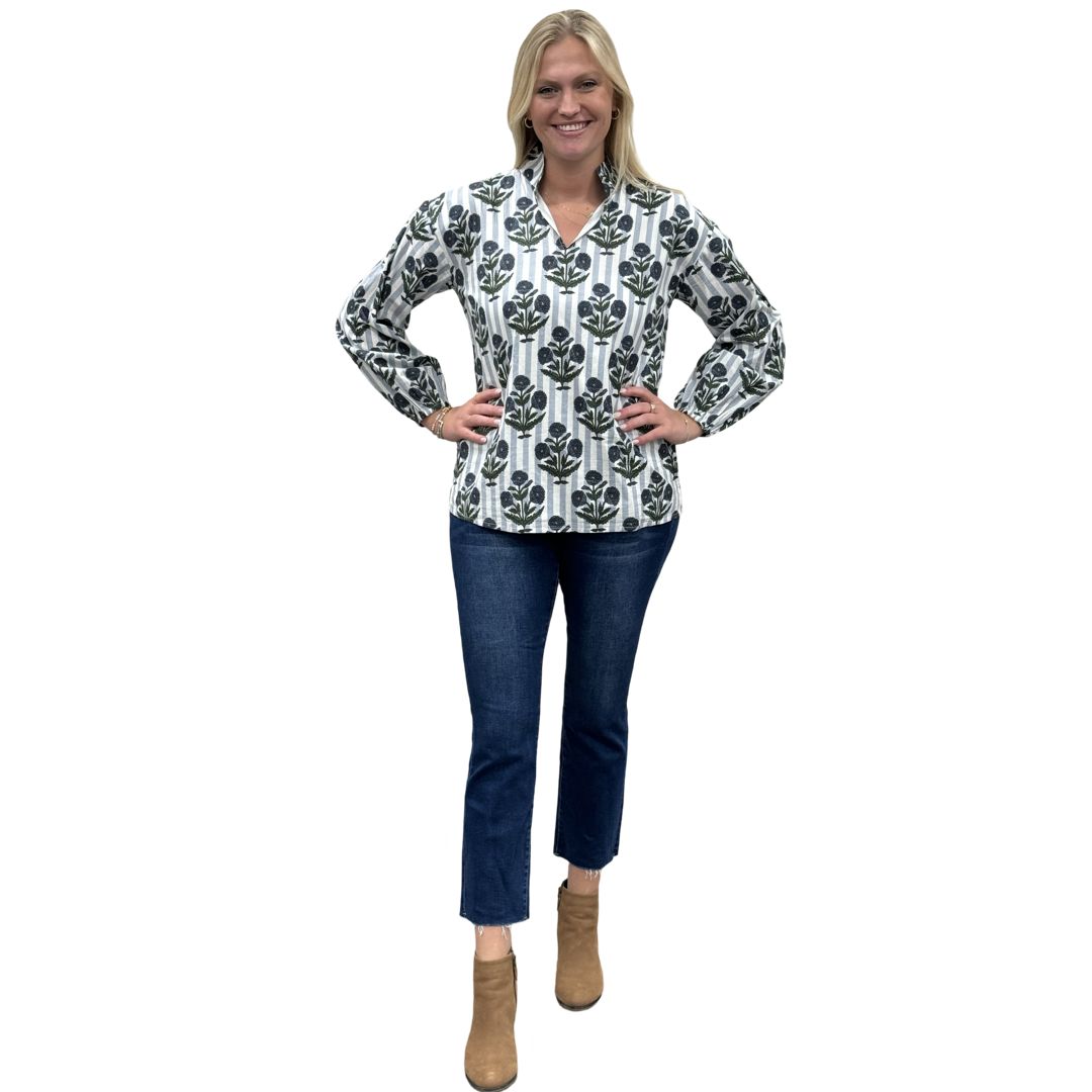 The Phoebe Striped Hand Block Top in Slate Blue — view 2