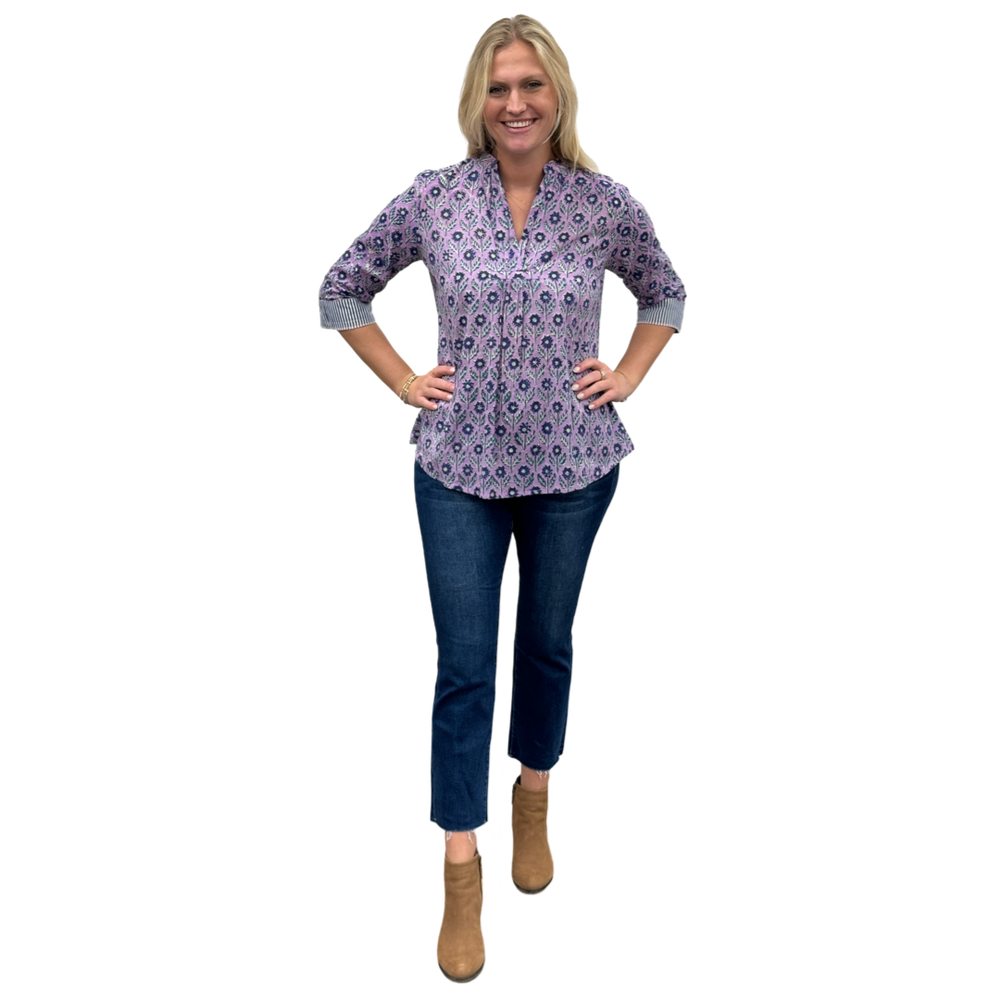 The Eloise Hand Block Print Top in Lavender and Navy Floral — view 2