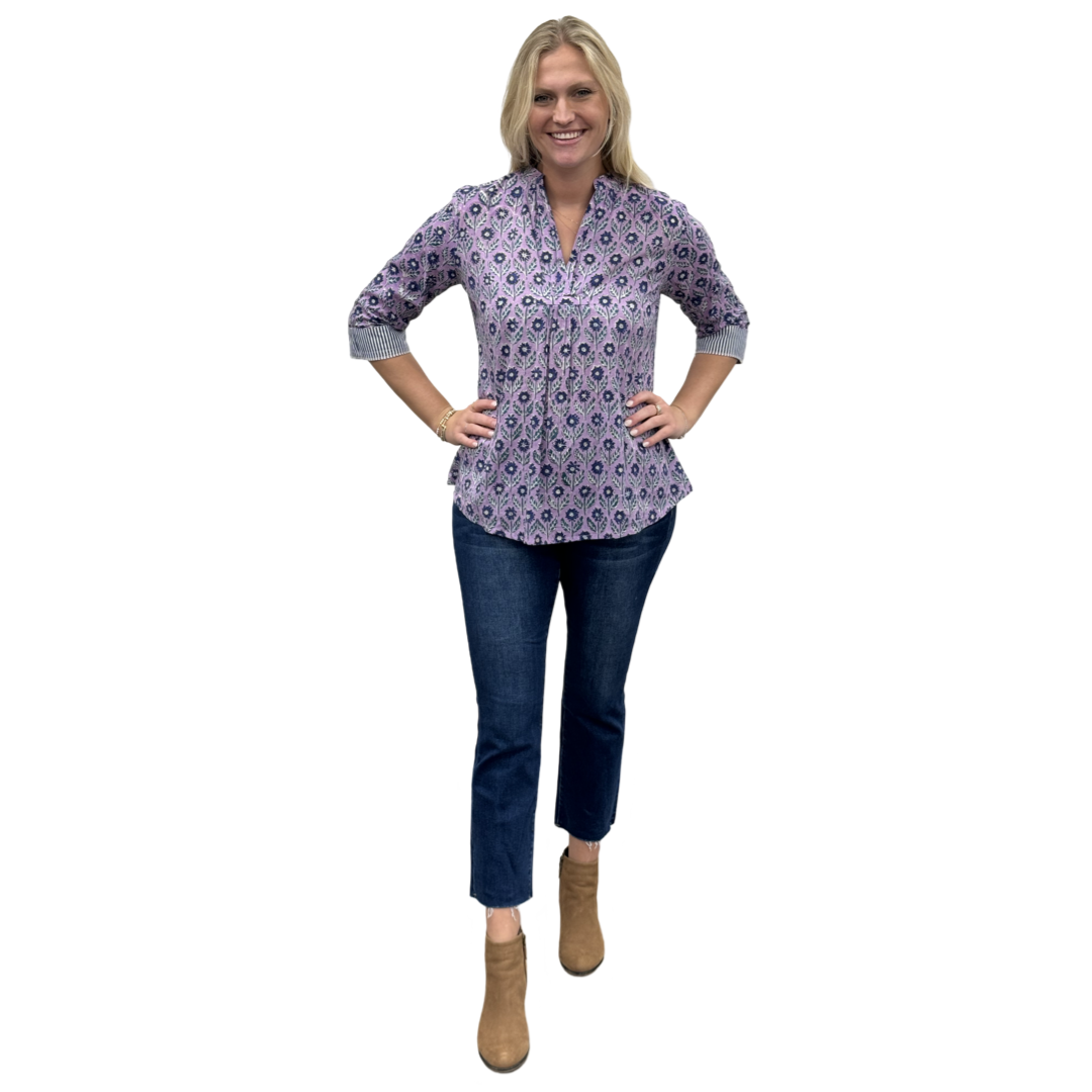 The Eloise Hand Block Print Top in Lavender and Navy Floral — view 2