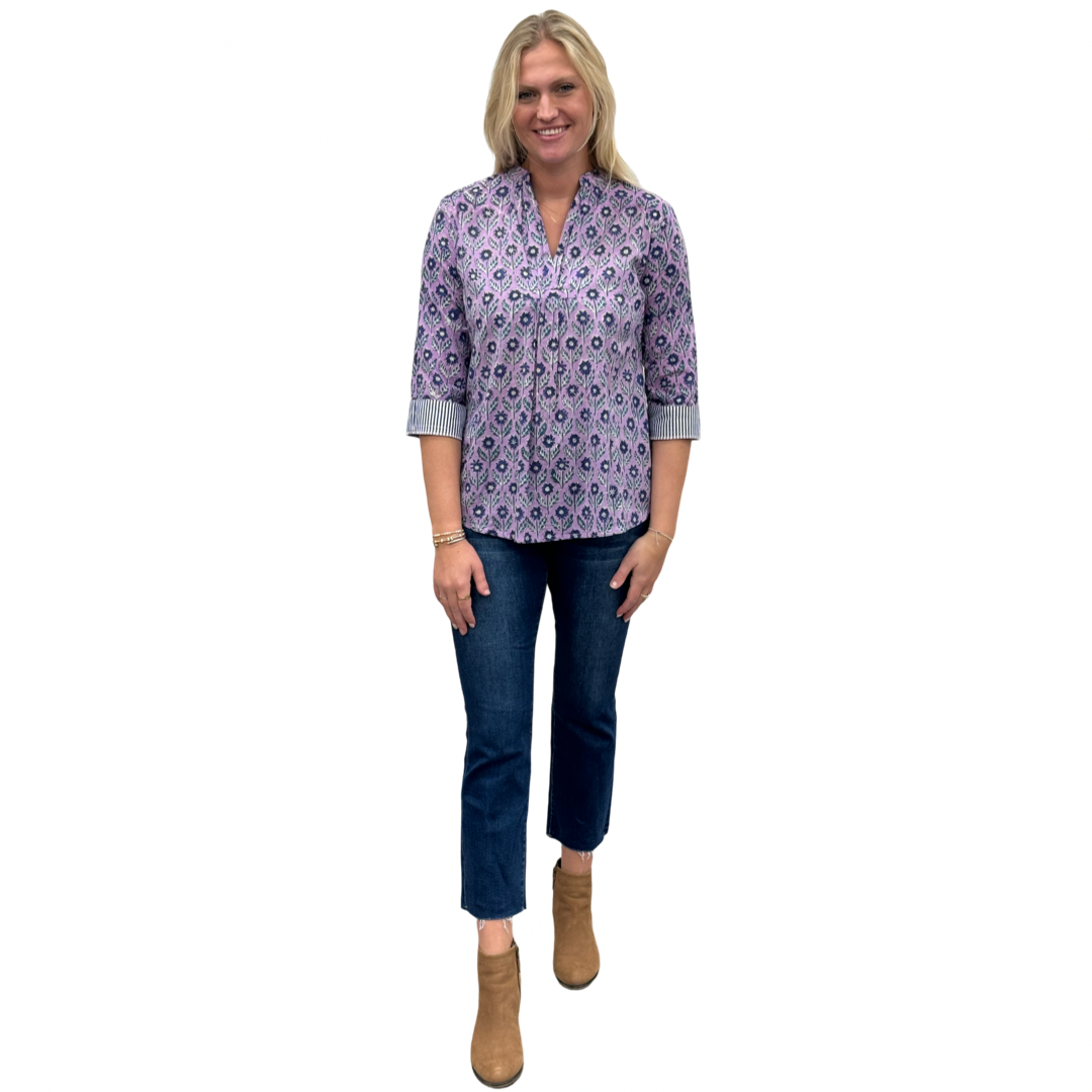 The Eloise Hand Block Print Top in Lavender and Navy Floral