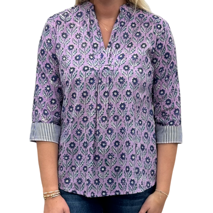 The Eloise Hand Block Print Top in Lavender and Navy Floral — view 3