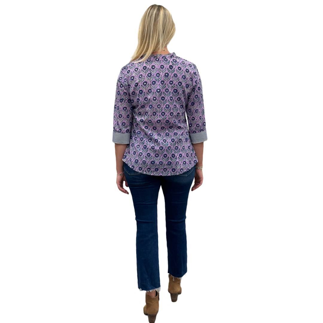 The Eloise Hand Block Print Top in Lavender and Navy Floral — view 4