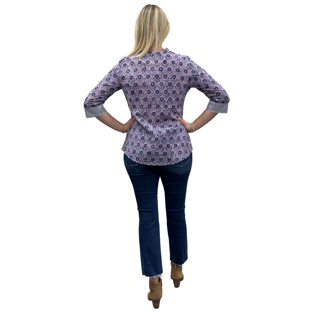 The Eloise Hand Block Print Top in Lavender and Navy Floral — view 5