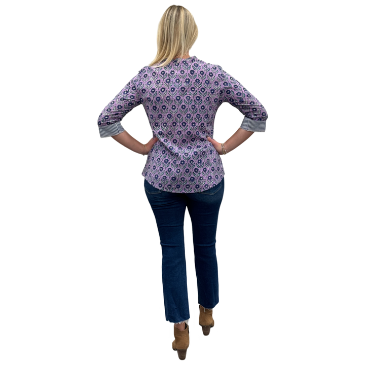 The Eloise Hand Block Print Top in Lavender and Navy Floral — view 5