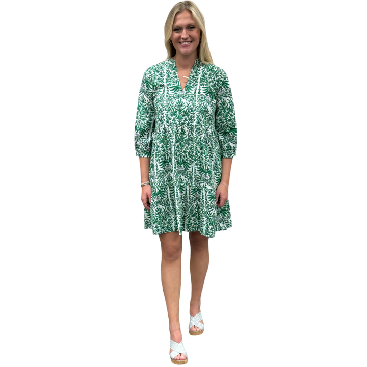 The Preston 3/4 Sleeve Cotton Block Print Dress in Emerald — view 3
