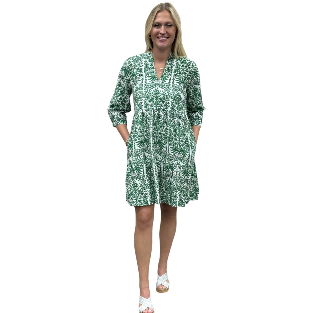 The Preston 3/4 Sleeve Cotton Block Print Dress in Emerald — view 2