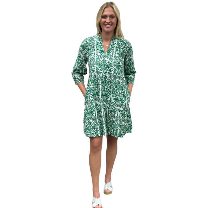 The Preston 3/4 Sleeve Cotton Block Print Dress in Emerald — view 2