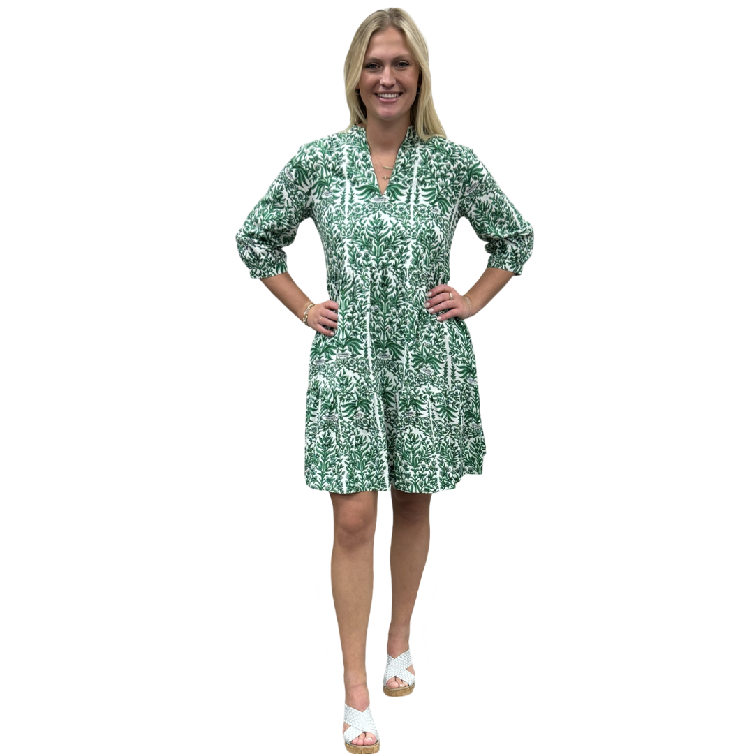 The Preston 3/4 Sleeve Cotton Block Print Dress in Emerald