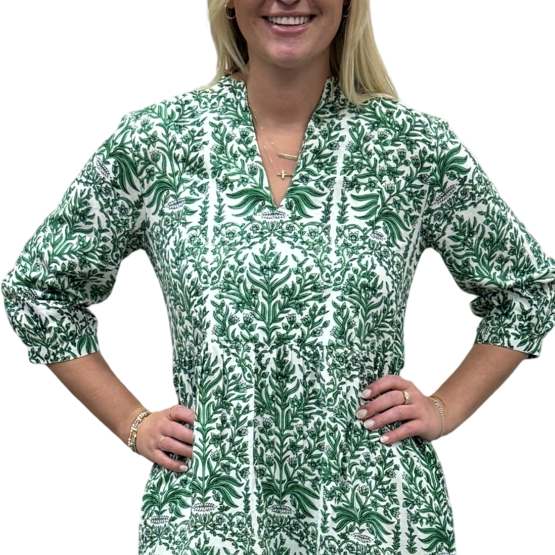 The Preston 3/4 Sleeve Cotton Block Print Dress in Emerald — view 4