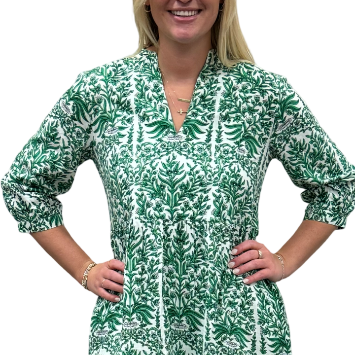 The Preston 3/4 Sleeve Cotton Block Print Dress in Emerald — view 4