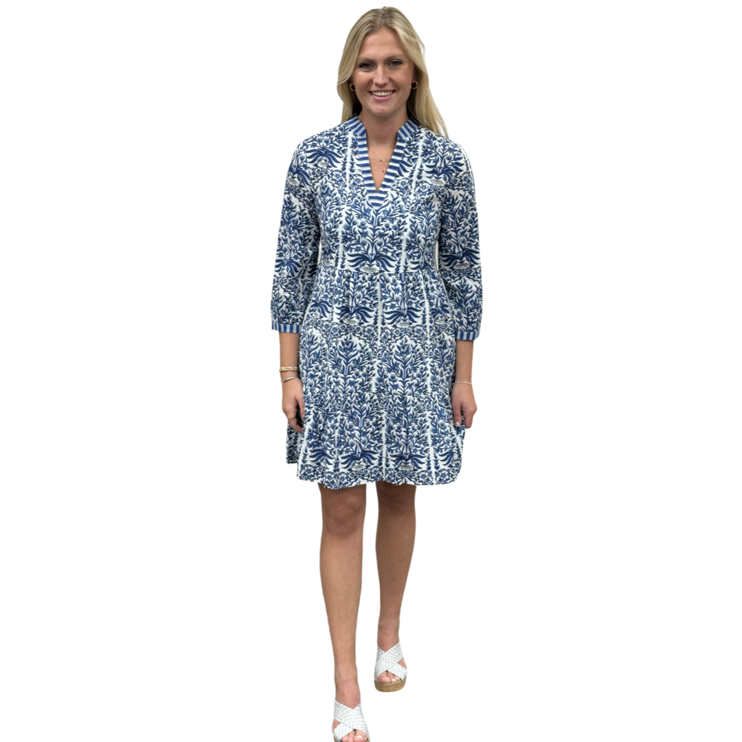 The Preston 3/4 Sleeve Cotton Block Print Dress in Blue and White — view 3