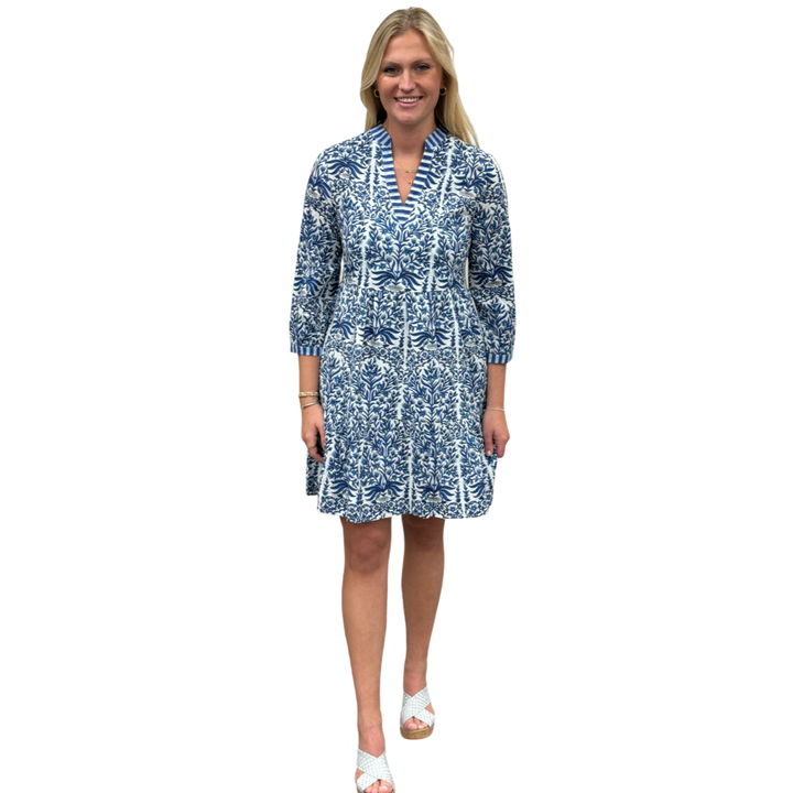 The Preston 3/4 Sleeve Cotton Block Print Dress in Blue and White — view 3