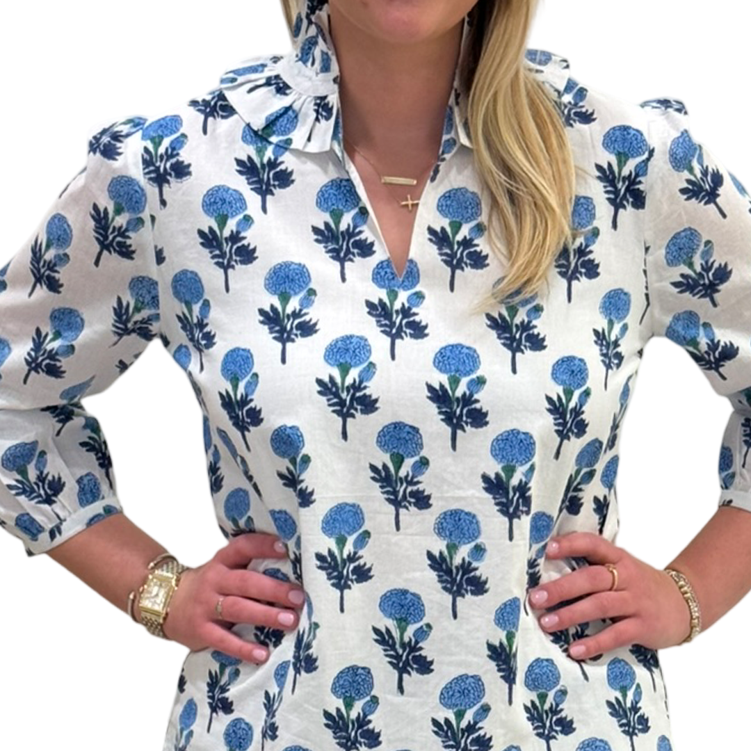 The Laurel Ruffle Collar Top in White and Blue Hand Blocked Floral — view 3