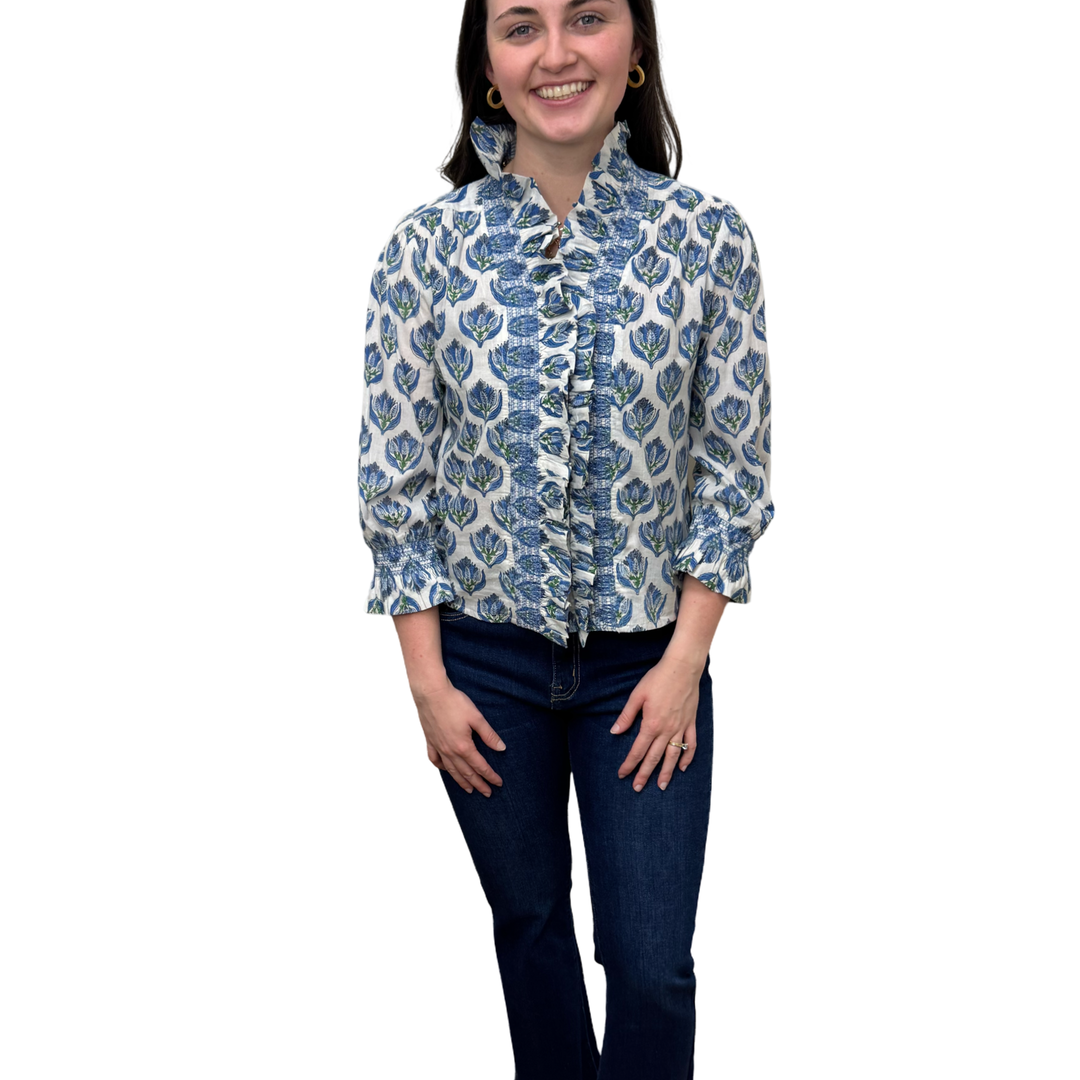 The Amelia Hand Blocked Ruffle Trim Smocked Top in Blue White Floral — view 5