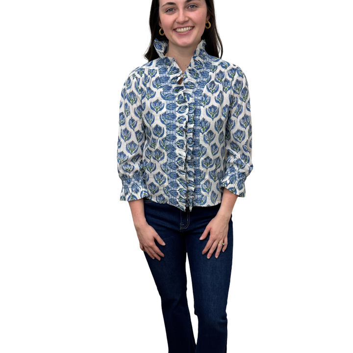 The Amelia Hand Blocked Ruffle Trim Smocked Top in Blue White Floral — view 5