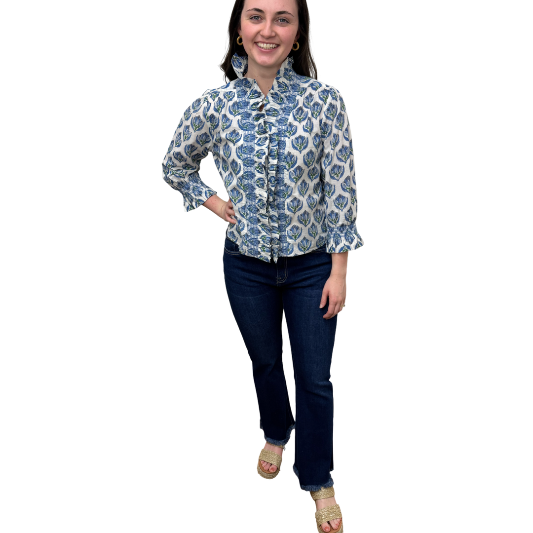 The Amelia Hand Blocked Ruffle Trim Smocked Top in Blue White Floral — view 2