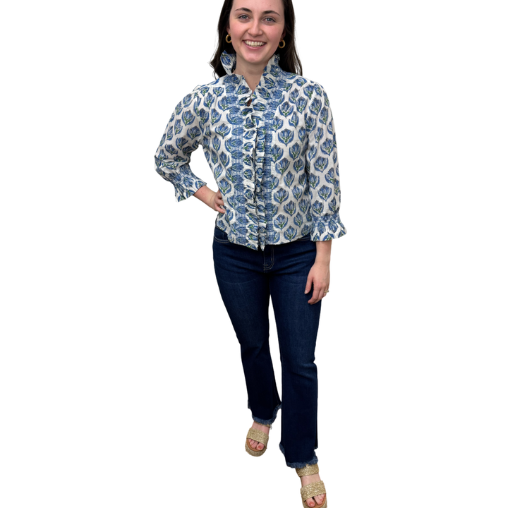 The Amelia Hand Blocked Ruffle Trim Smocked Top in Blue White Floral — view 2