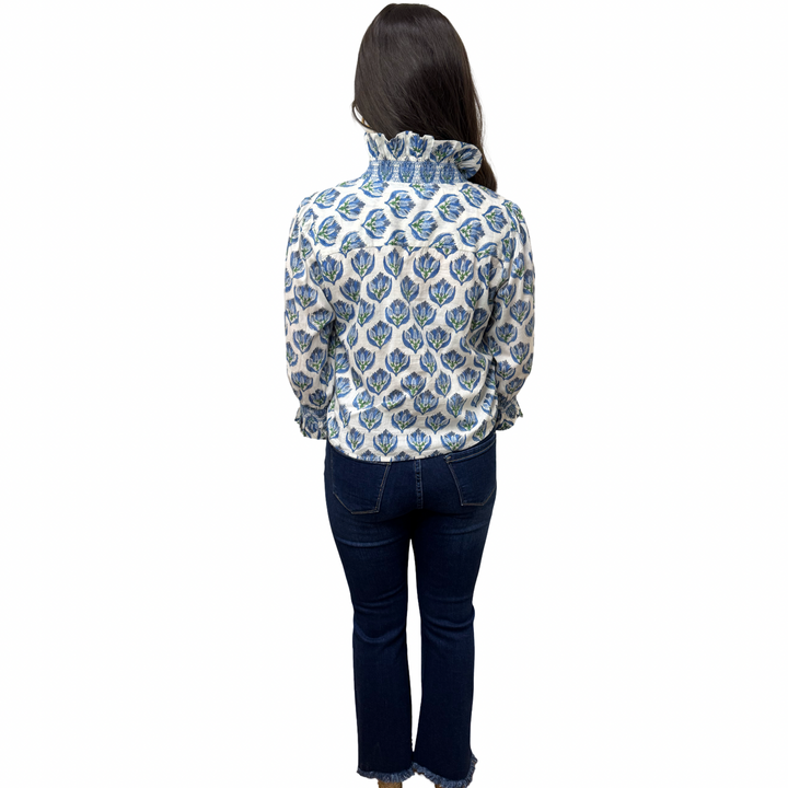 The Amelia Hand Blocked Ruffle Trim Smocked Top in Blue White Floral — view 6