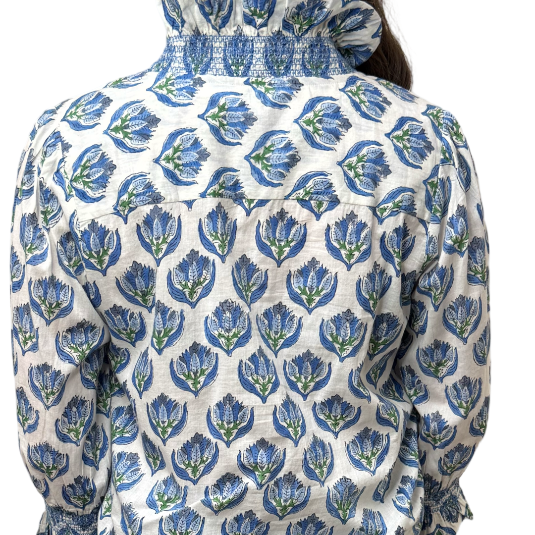 The Amelia Hand Blocked Ruffle Trim Smocked Top in Blue White Floral — view 3