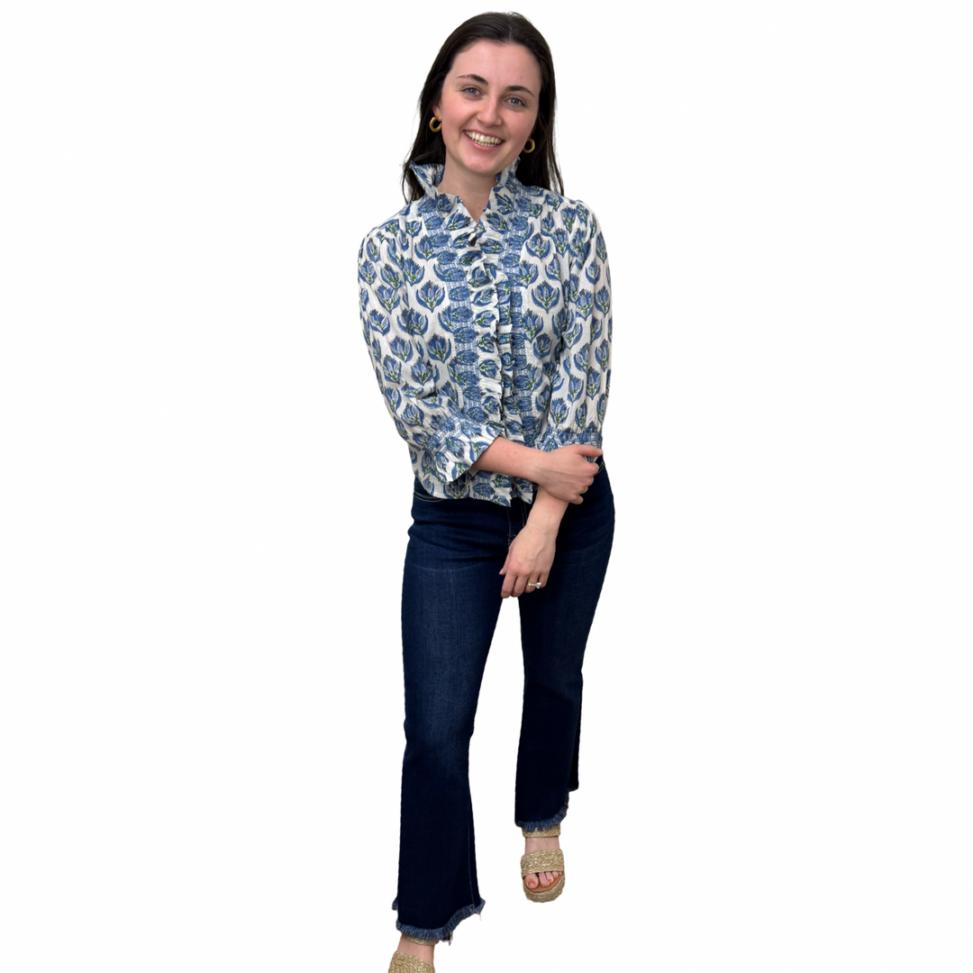 The Amelia Hand Blocked Ruffle Trim Smocked Top in Blue White Floral — view 4