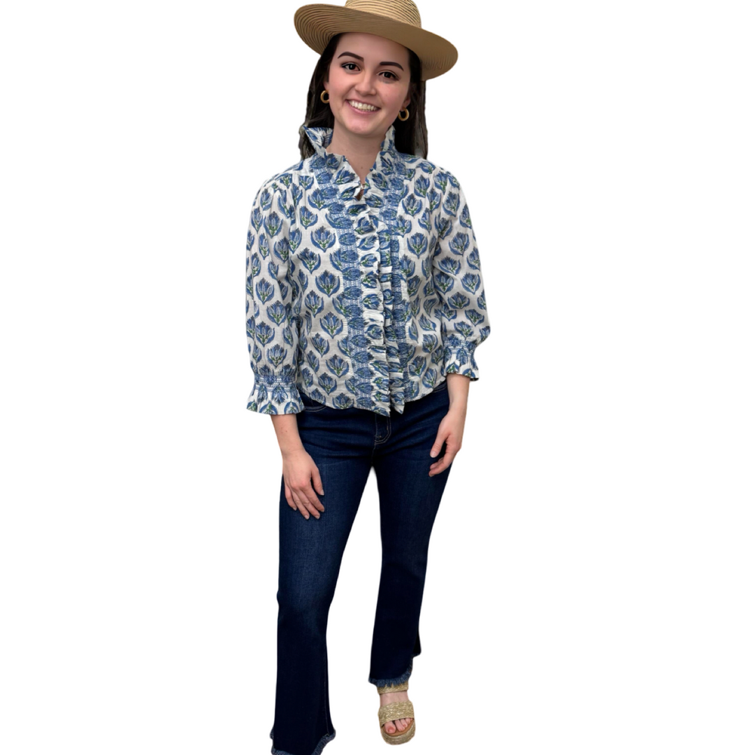 The Amelia Hand Blocked Ruffle Trim Smocked Top in Blue White Floral