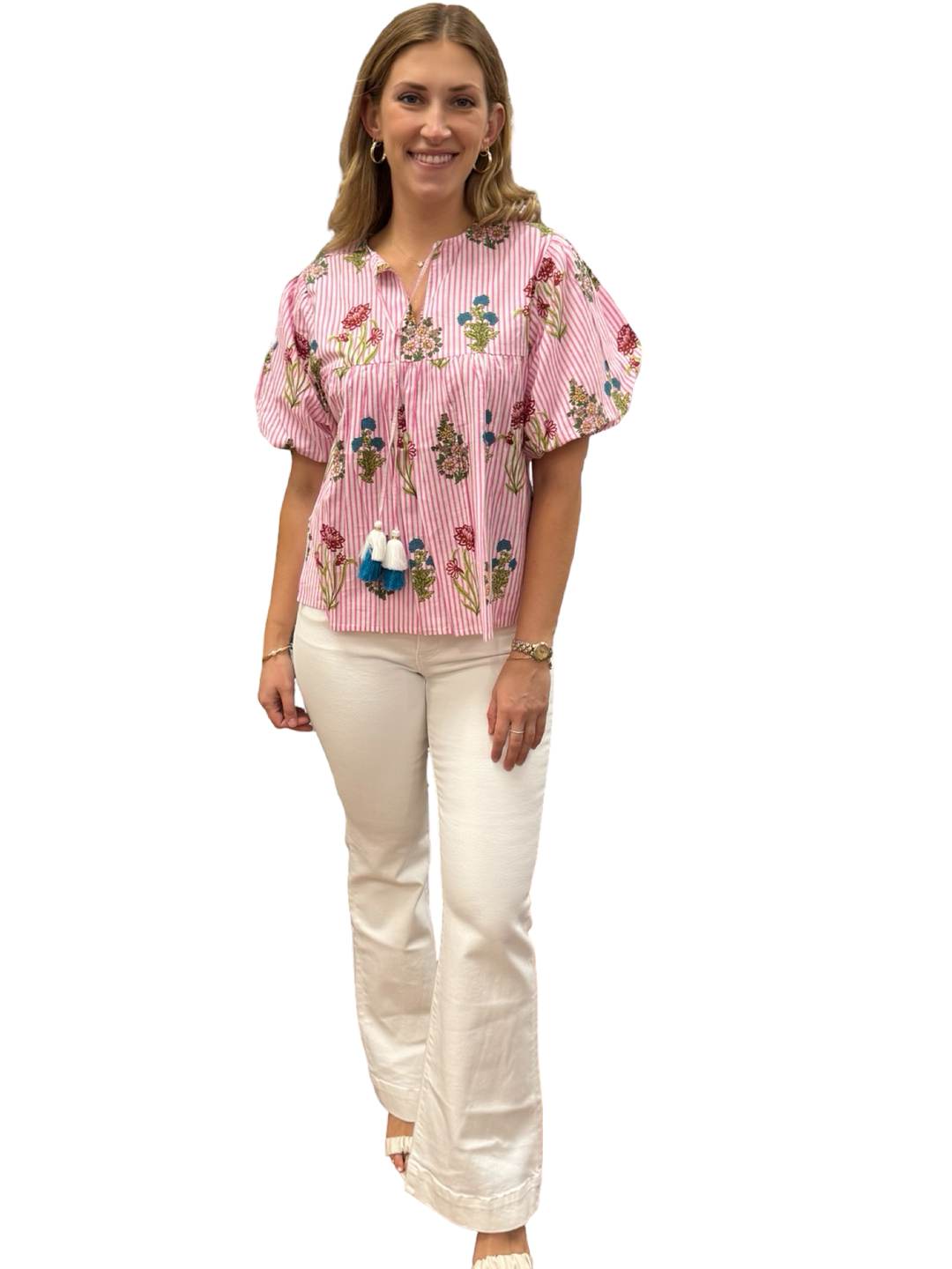 The Poppy Pink Stiped Floral Short Sleeve Top