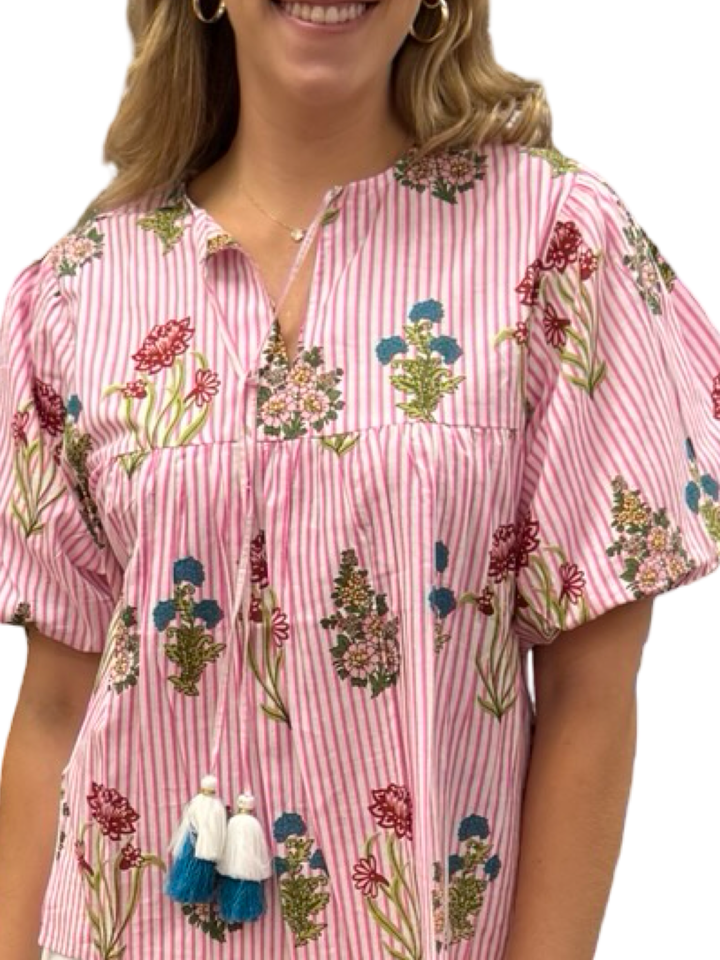 The Poppy Pink Stiped Floral Short Sleeve Top — view 2