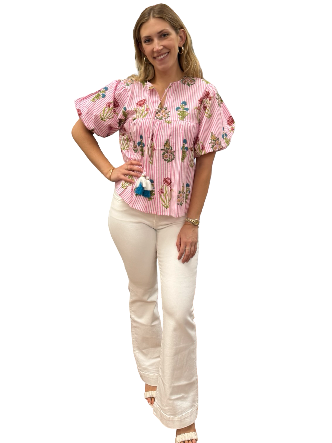 The Poppy Pink Stiped Floral Short Sleeve Top — view 3