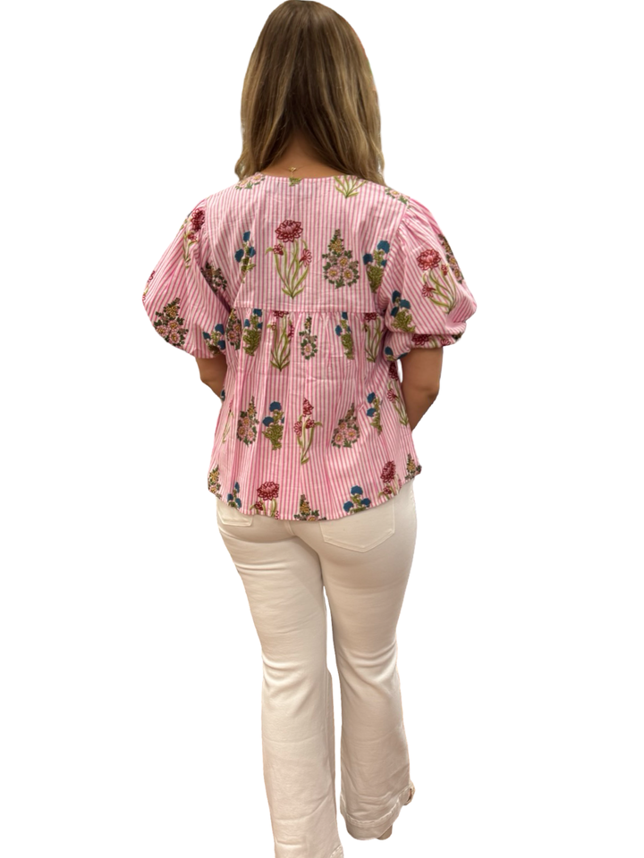 The Poppy Pink Stiped Floral Short Sleeve Top — view 5