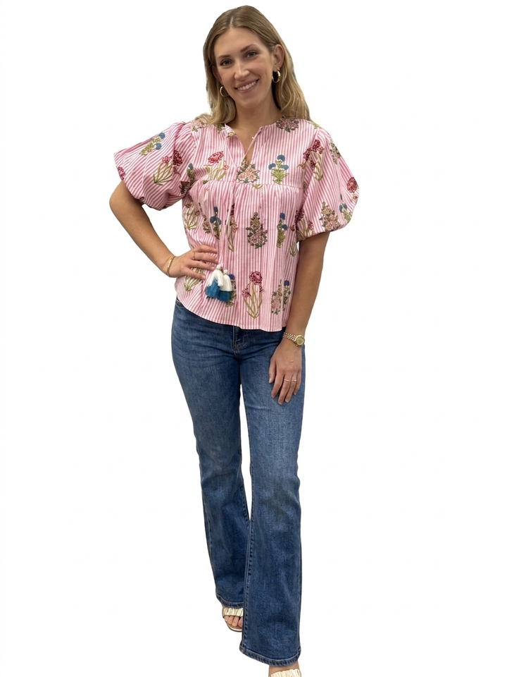 The Poppy Pink Stiped Floral Short Sleeve Top — view 6