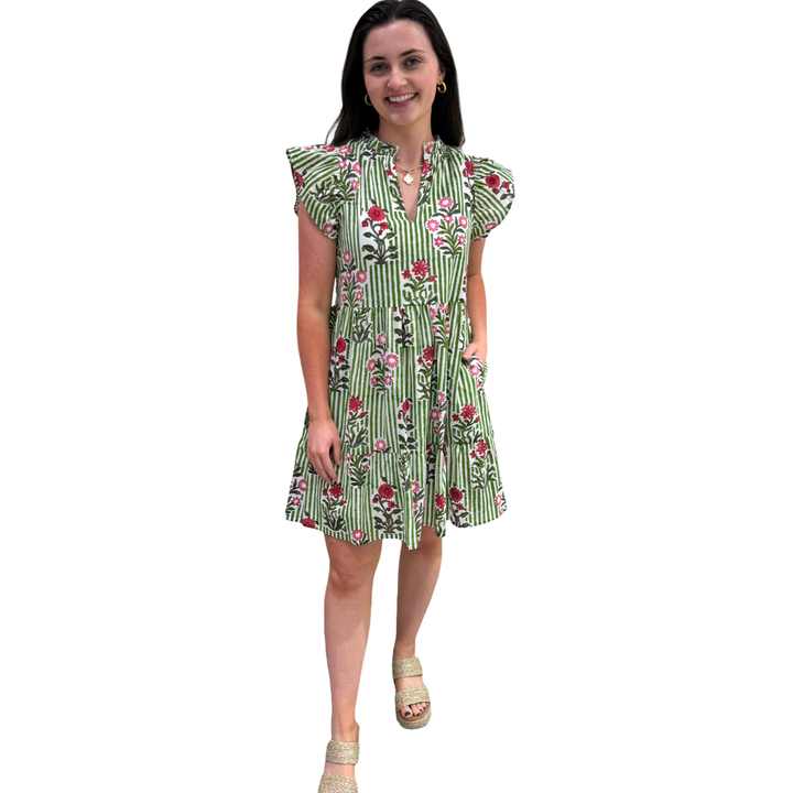 The Tinley Green Striped Floral Cotton Hand Block Printed Dress — view 3