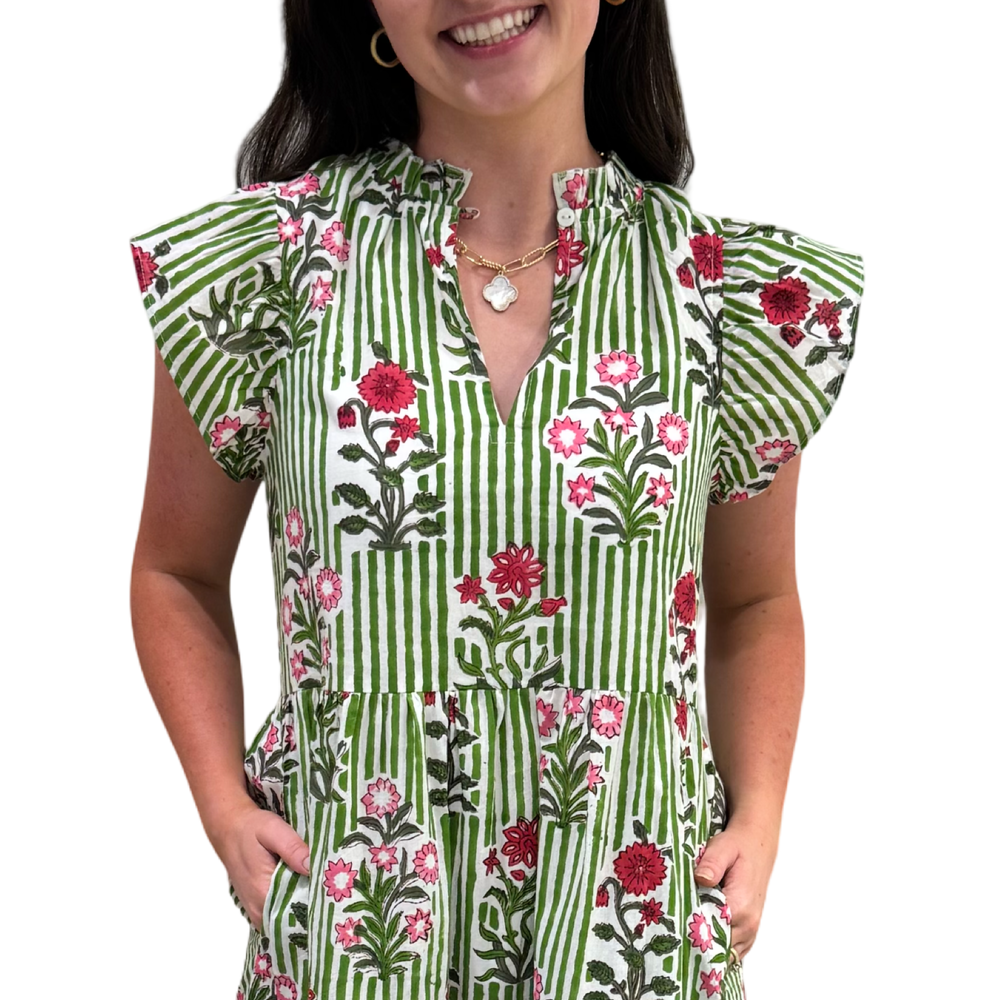 The Tinley Green Striped Floral Cotton Hand Block Printed Dress — view 2