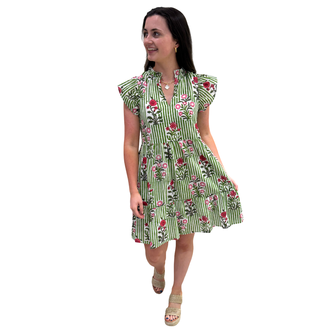 The Tinley Green Striped Floral Cotton Hand Block Printed Dress — view 6