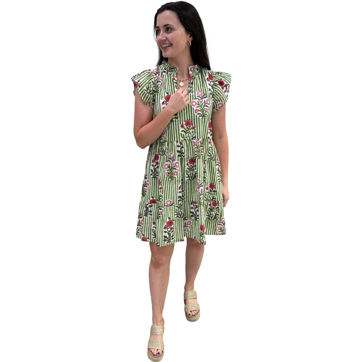 The Tinley Green Striped Floral Cotton Hand Block Printed Dress — view 5