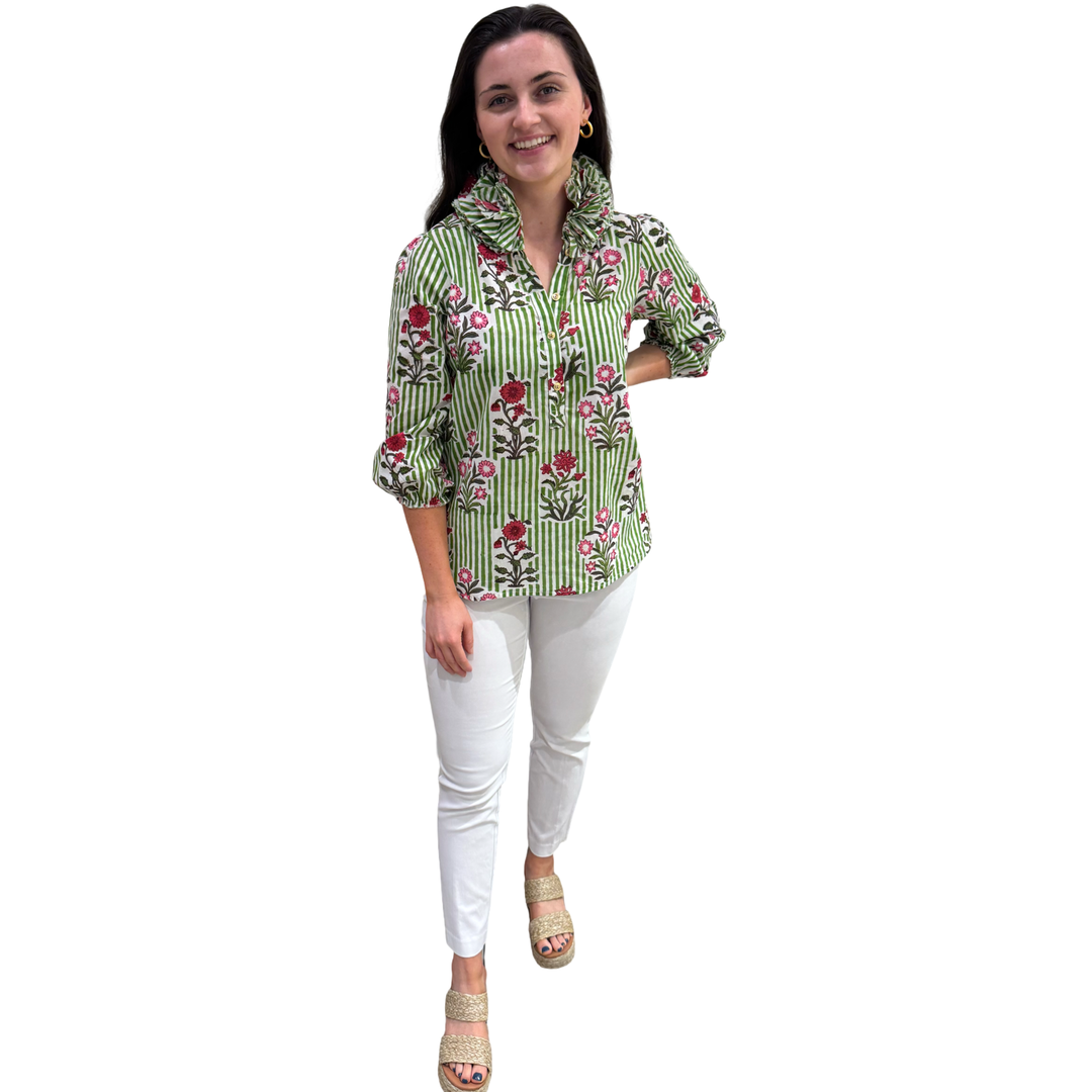 The Maria Ruffle Neck Top in Green and White Striped Floral