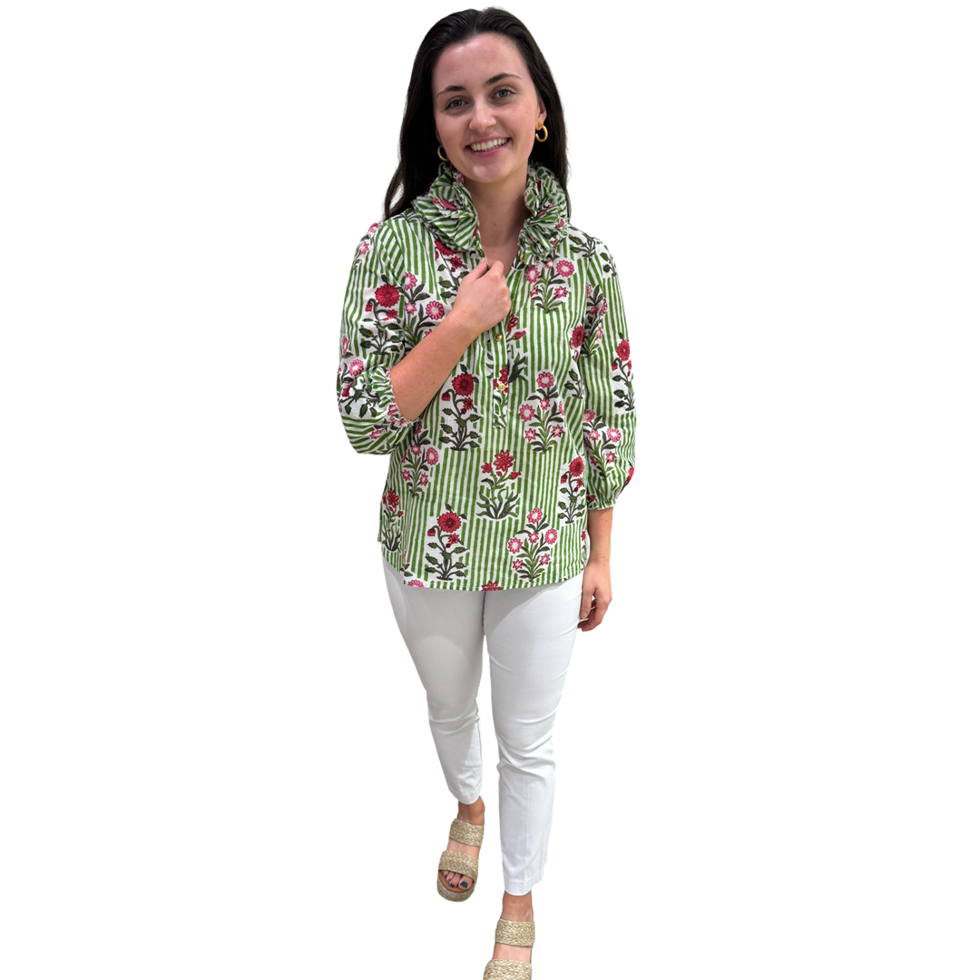 The Maria Ruffle Neck Top in Green and White Striped Floral — view 9