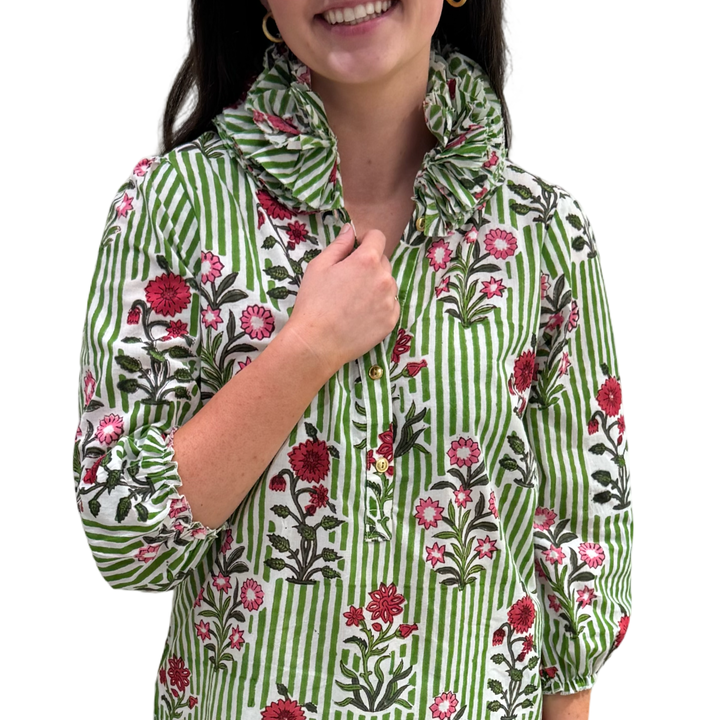 The Maria Ruffle Neck Top in Green and White Striped Floral — view 8
