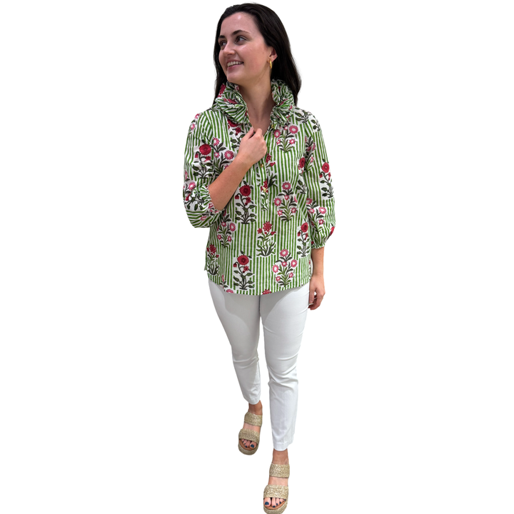 The Maria Ruffle Neck Top in Green and White Striped Floral — view 7
