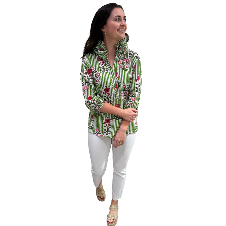 The Maria Ruffle Neck Top in Green and White Striped Floral — view 6