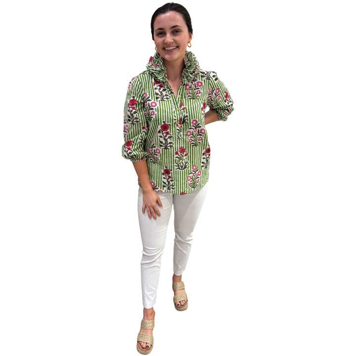 The Maria Ruffle Neck Top in Green and White Striped Floral — view 4