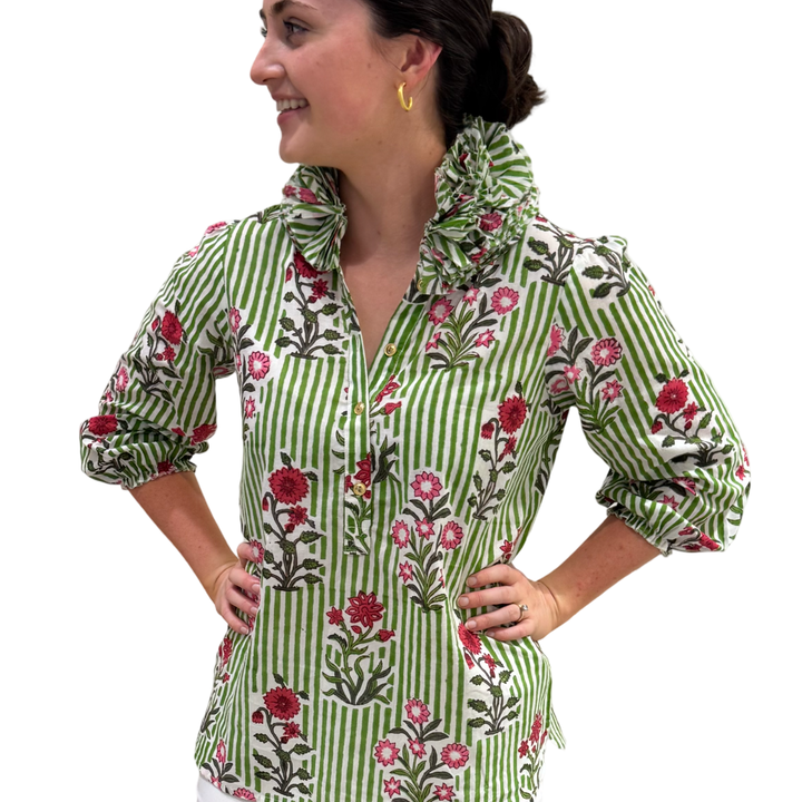 The Maria Ruffle Neck Top in Green and White Striped Floral — view 3