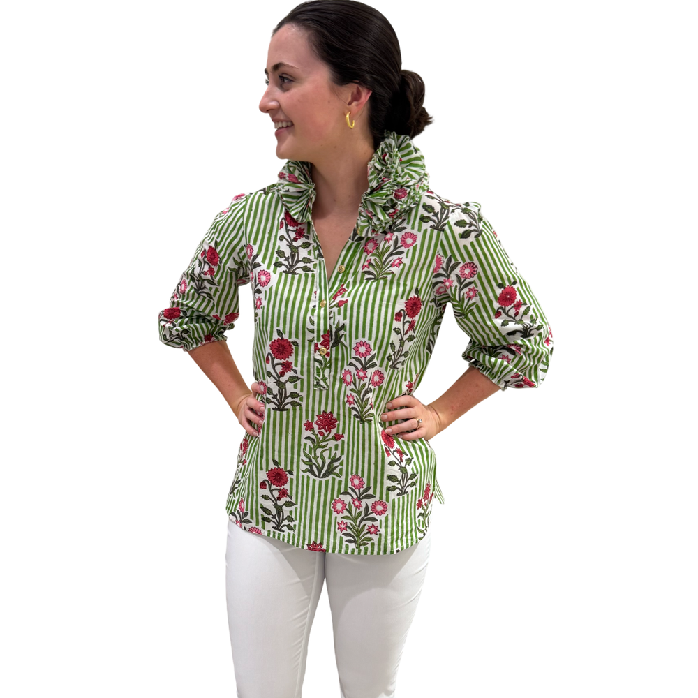The Maria Ruffle Neck Top in Green and White Striped Floral — view 2