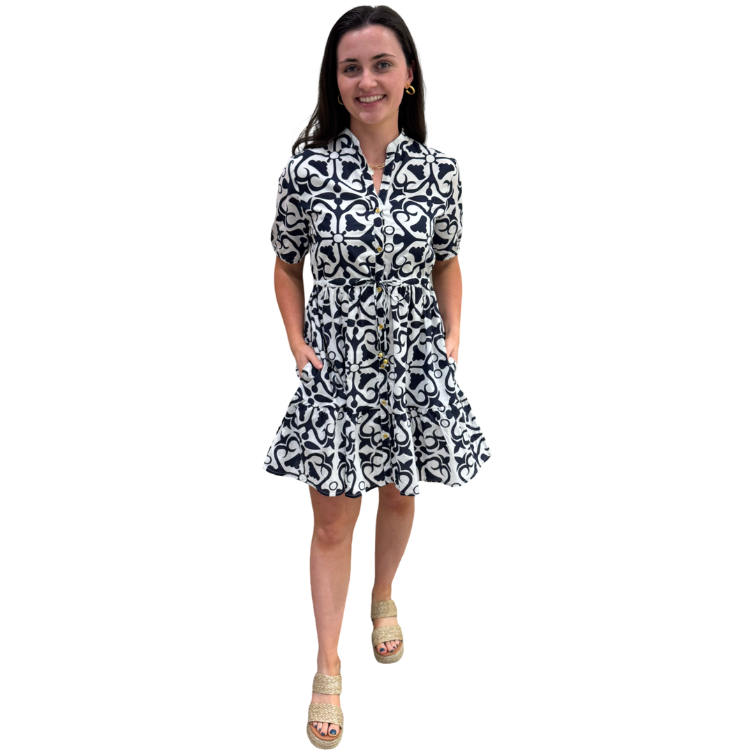 The Hamilton Navy White Short Sleeve Cotton Tie Front Dress — view 2