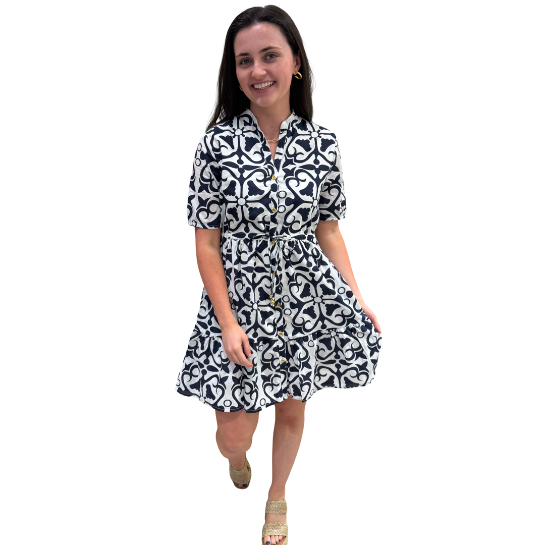 The Hamilton Navy White Short Sleeve Cotton Tie Front Dress