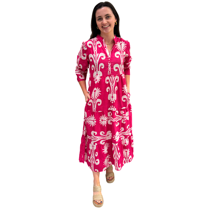 The Addison Dress in Fuchsia White With Self Covered Button Placket — view 4