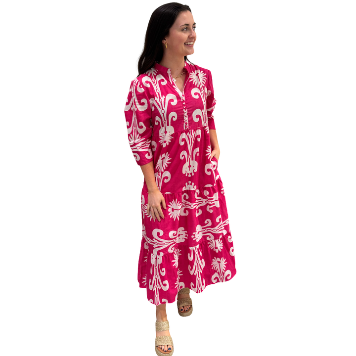 The Addison Dress in Fuchsia White With Self Covered Button Placket — view 3